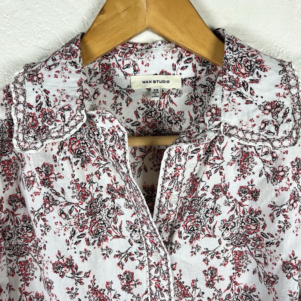 Max Studio Floral Cotton Blouse XS Puff Sleeve Ruffle Collar Cottagecore - Picture 11 of 14